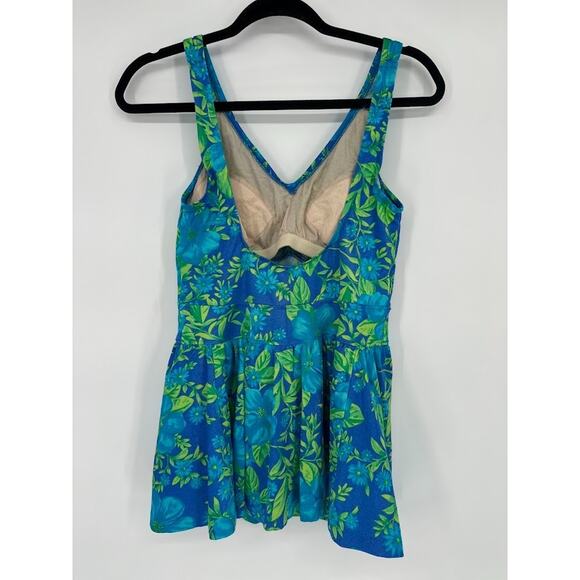 Vintage MAXINE Of HOLLYWOOD Swimsuit Womens 12 One Piece Swimdress Floral Blue - Picture 5 of 8